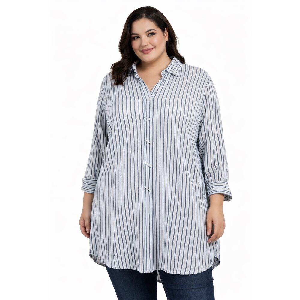 Ali Miles Blue White Striped Button Front Tunic Shirt Artsy Boho Work Womens 1x